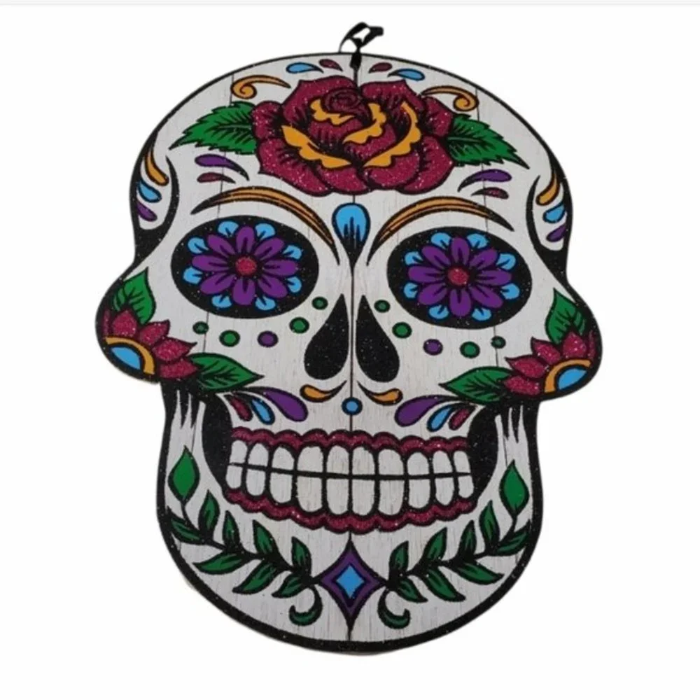 Halloween Decor Sugar Skull Sign 13.5 x 9.5 Glitter white black pink *
